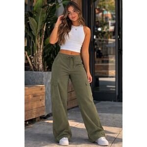 Celebrity Pink Juniors Olive Wide-Leg Cargo Pants Drawstring Front Relaxed Fit